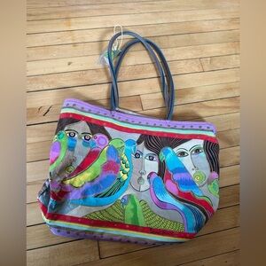 NWT Laurel Birch colorful large tote bag abstract cat and bird print travel bag
